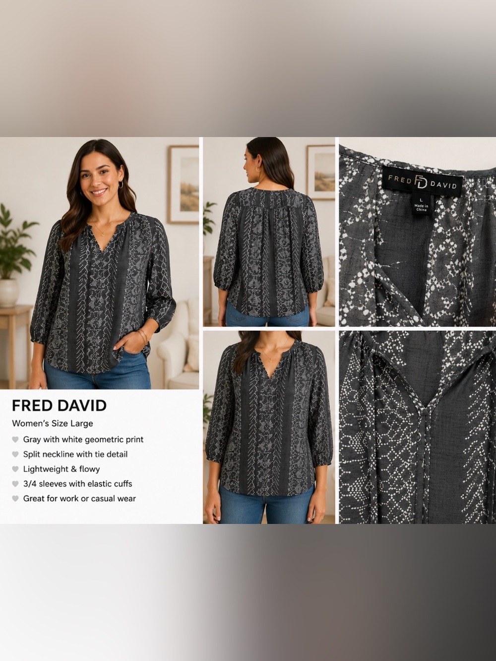Fred David Gray & White Printed Peasant Blouse